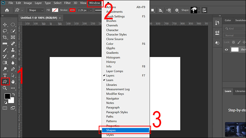 Chọn Custom Shapes Tool để có thể vẽ hình trái tim